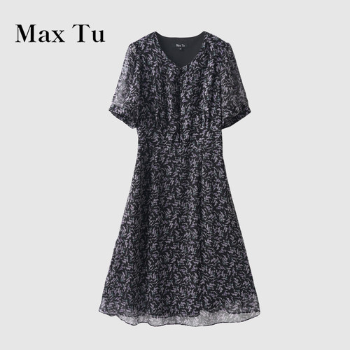 MaxTu夏季V领碎花短袖连衣裙