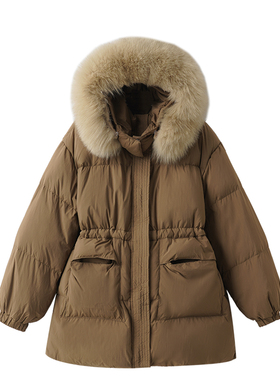 TENAX 2025冬新款中年妈妈宽松大码狐狸毛领连帽收腰可拆卸羽绒服