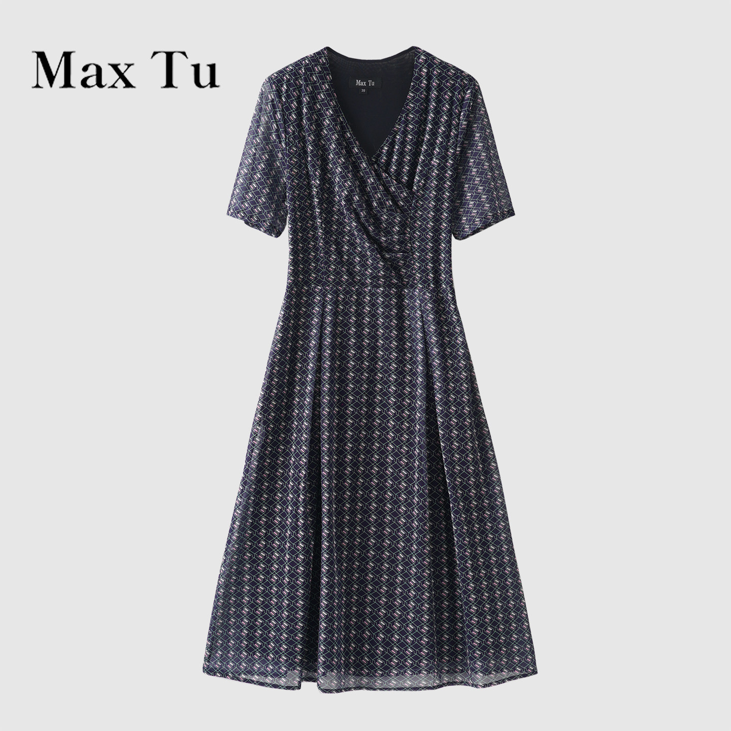 MaxTu夏季V领短袖中长连衣裙