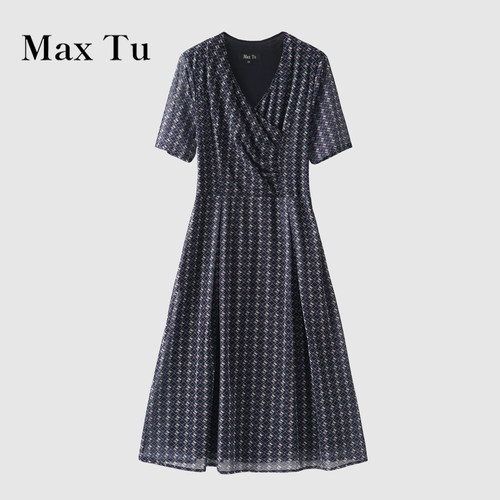MaxTu夏季V领短袖中长连衣裙