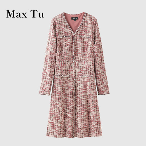 MaxTu小香风粉色长袖连衣裙
