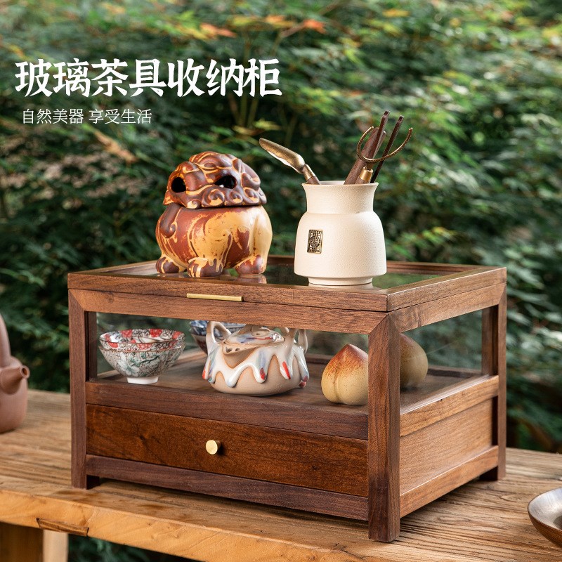 复古黑胡桃木实木玻璃面包展示柜咖啡店甜品茶具陈列架收纳柜