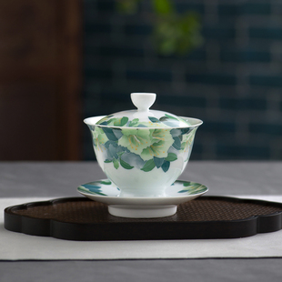 釉下彩手绘三才盖碗茶杯薄胎单个陶瓷大号防烫白瓷功夫茶具泡茶碗