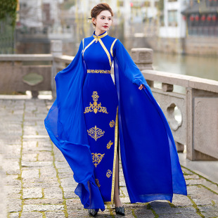 厂家 秋冬舞台走秀减龄大码 2026新款 蓝色演出旗袍礼服短袖