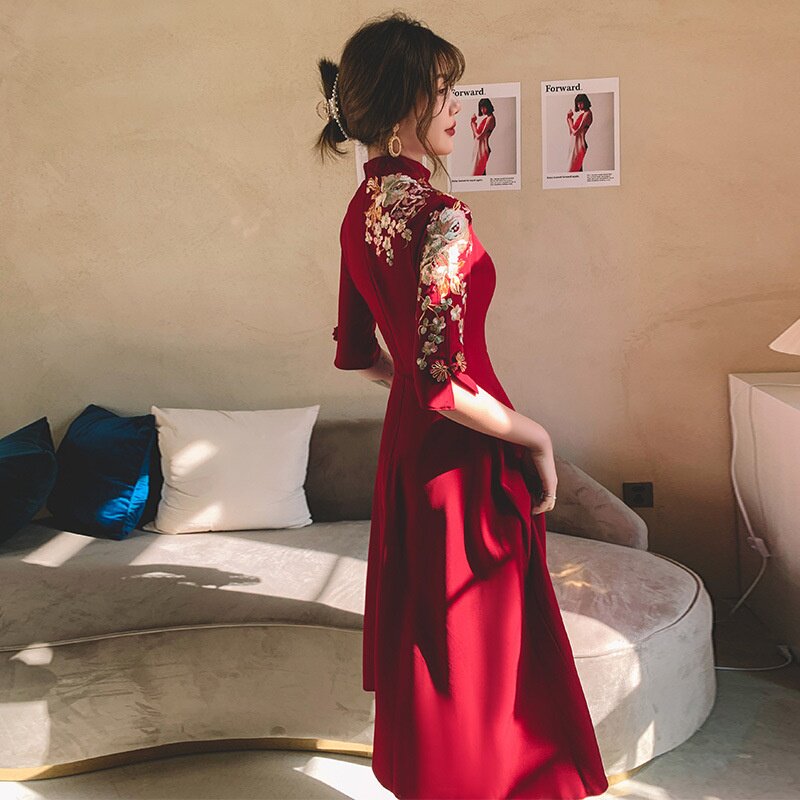 2026新款旗袍敬酒服新娘季中式红色结婚礼服女订婚连衣裙遮手臂高