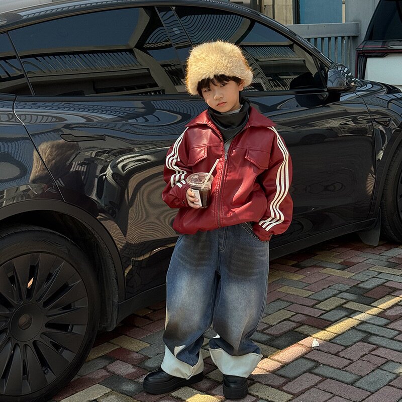 2025新款童装年秋冬皮衣棉服男童韩版夹克外套中大童夹棉保暖