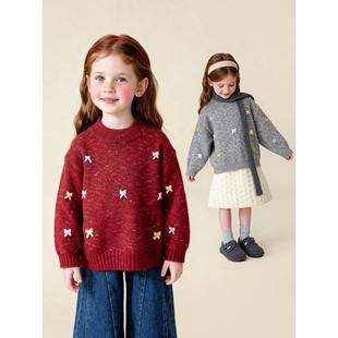 2026新款阿米拉童装年冬季女童甜美蝴蝶结毛衣儿童新年保暖圆