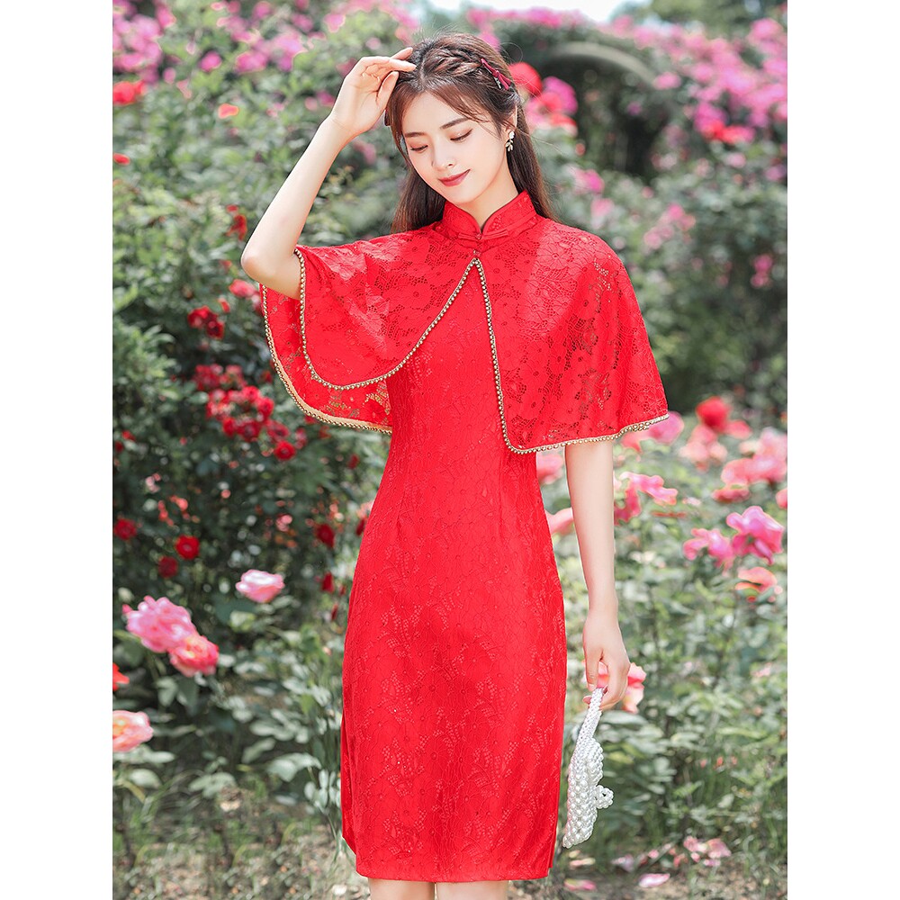2026新款荷旗简夏敬酒服新娘红色结婚订婚回门礼服女蕾丝披肩