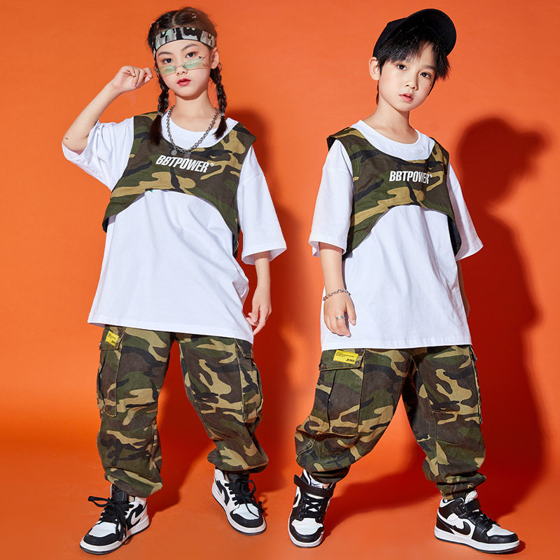 2026新款夏季儿童街舞套装男童潮酷迷彩hiphop演出服女童工
