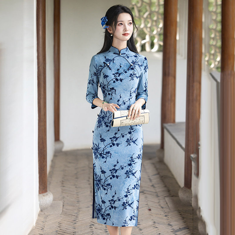 2026新款蓝色国风新中式苏州秋季长袖旗袍改良年轻款女复古修