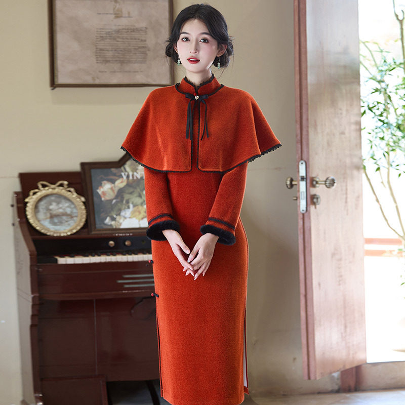 2026新款橘红色加绒加厚冬装国风新中式长款长袖改良旗袍女复古拜