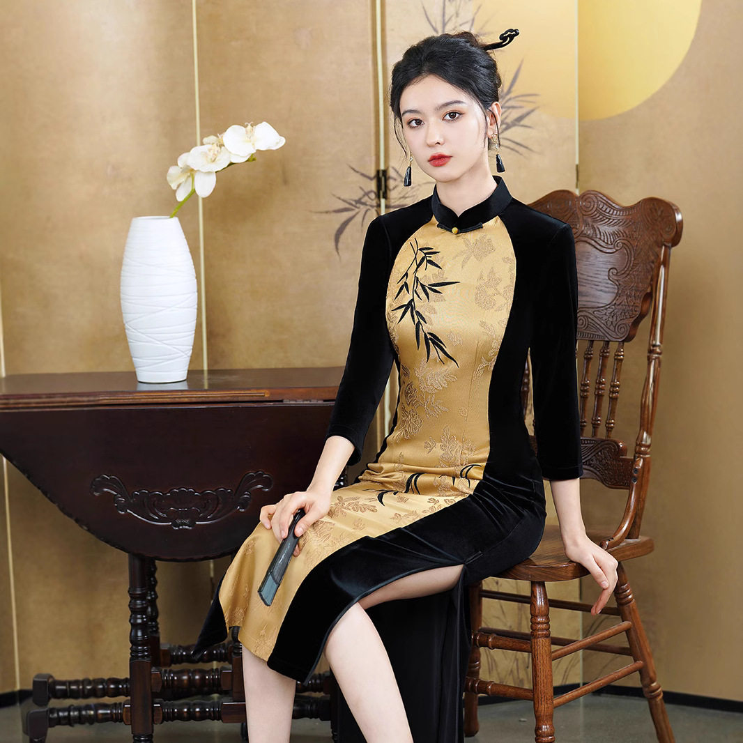2026新款唐之恋金丝绒黑色显瘦旗袍新中式秋冬女改良长袖国风