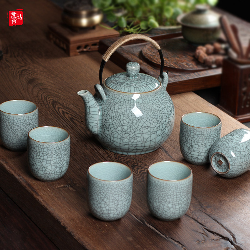 灵青坊青瓷大容量功夫茶具套组家用陶瓷提梁壶大号泡茶壶茶杯整套