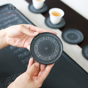 至信堂 整块天然乌金石夔龙纹茶杯垫手工茶杯托石头壶垫茶道配件