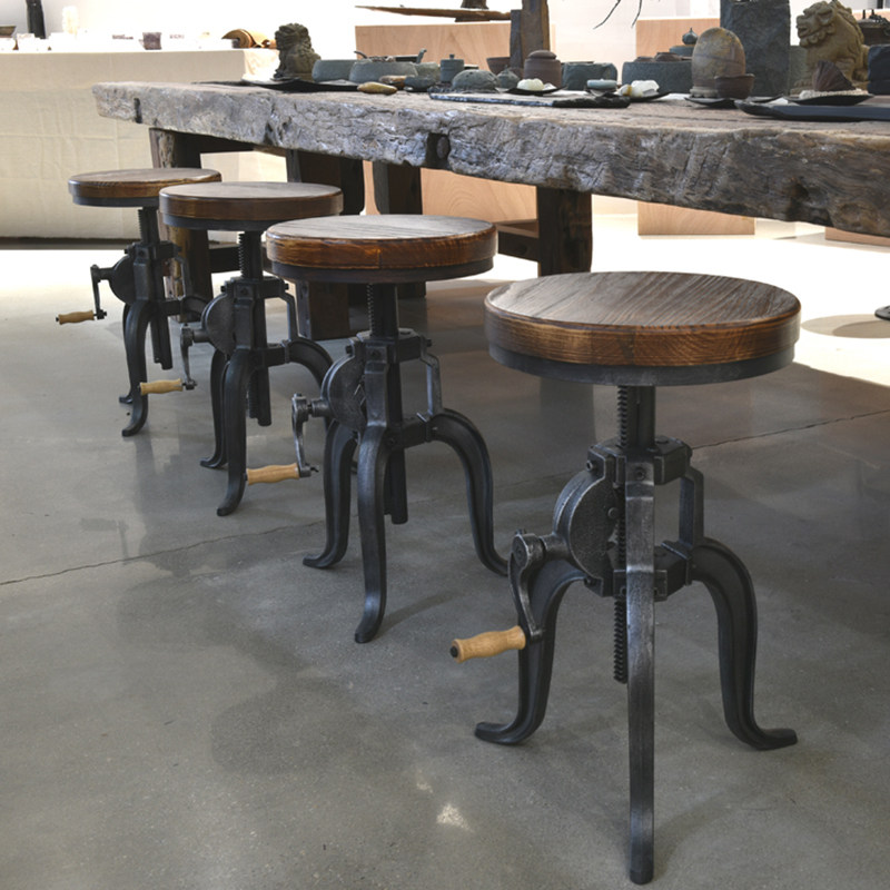 复古工业风铸铁手摇升降吧台椅重型酒吧吧凳实木铁艺高脚凳前台椅