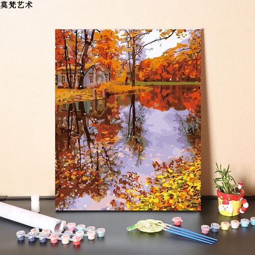 数字油画diy手工填充丹枫迎秋野外秋天风景画手绘涂色丙烯油彩画