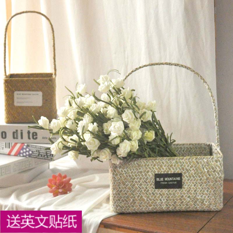 草编手工编织花篮摆件藤编编制客厅装饰欧式手提假花插花田园花器