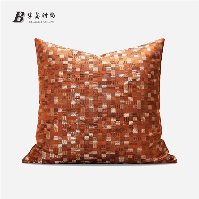 巴黎宝藏法式复古橘色多色几何格子抱枕欧式靠包样板间方枕