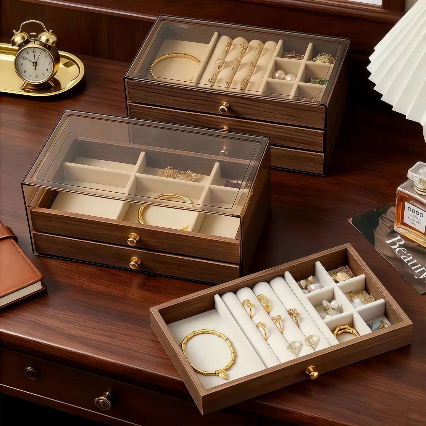 首饰收纳盒高档精致胡桃木纹大容量耳钉项链饰品头饰手饰收纳盒子,收纳整理,首饰盒,淘宝优惠券,粉丝福利购,淘宝优惠卷