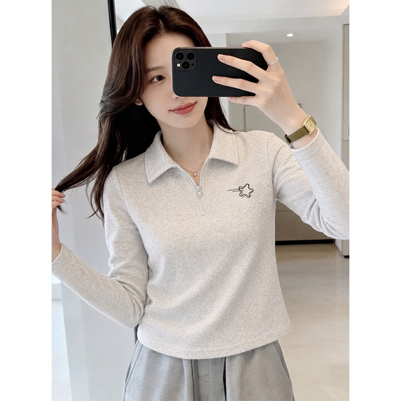初秋简约polo领花灰色拉链长袖T恤女2026秋季新款休闲翻领上0909e