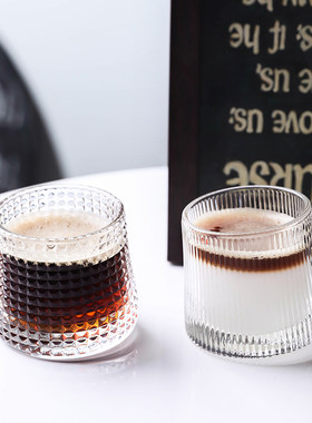 韩国ins玻璃杯子复古浮雕饮品冰球拿铁咖啡杯不倒翁鸡尾酒洋酒杯