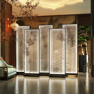 丝绢半透带灯光屏风隔断中式竹子简约可移动酒店会所进门玄关遮挡