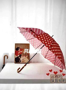 2024红色圆点伞覆古长柄利基12骨弯柄实木自动雨或晴女士高价值雨