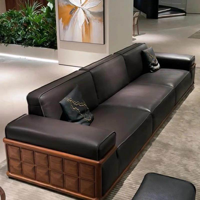 新中式实木真皮沙现代轻奢简约客厅办公室黑胡桃直排皮革艺术沙发
