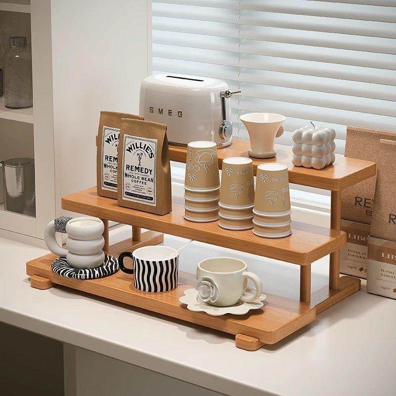木制胡桃桌面置物架实木香水咖啡杯架杯子水杯阶梯木质展示架