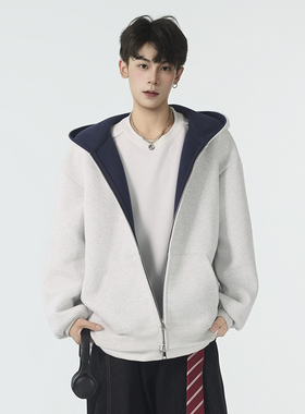 GKKRT美式重磅双拉链加绒开衫卫衣男款潮牌复古撞色硬挺连帽外套