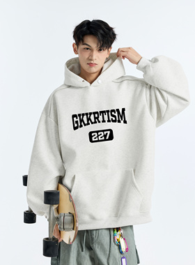 GKKRT美式印花连帽卫衣男重磅潮牌宽松复古情侣overseas帽衫外套