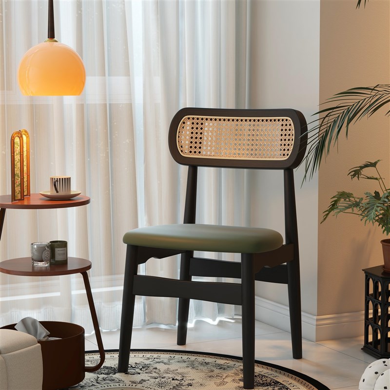 实木餐桌椅靠背复古藤编法式餐椅中古休闲家用椅子高级感绿色凳子