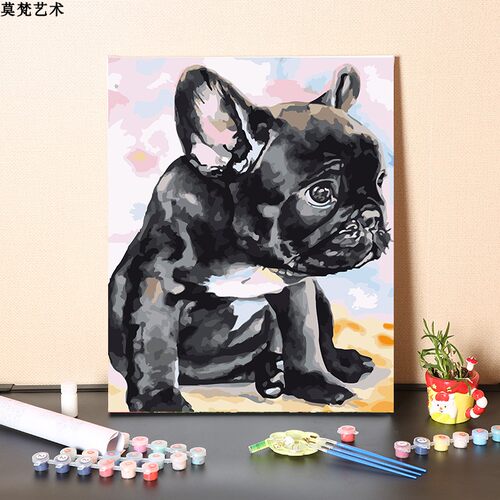 数字油画diy填充手工动物斗牛犬狗卧室填色画手绘涂色丙烯油彩画