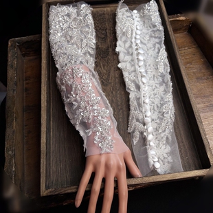 套手工缝制珠亮片重工新娘结婚纱手套 子抹胸婚纱礼服袖 新款 婚纱袖