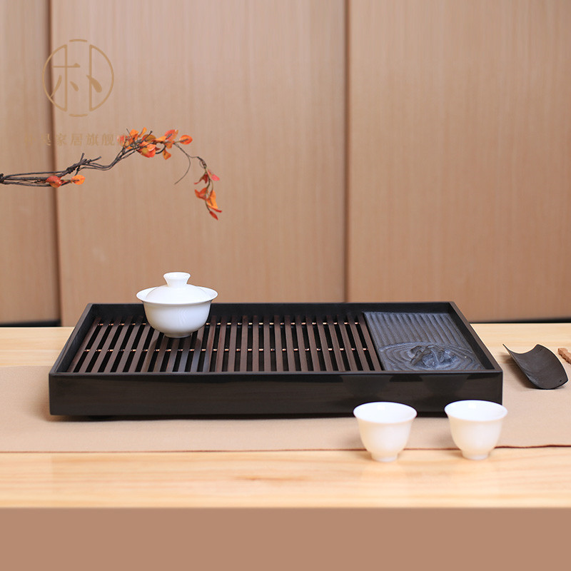 天然乌金石茶盘石头茶台黑檀木茶海整块简约家用小型日式干泡茶台