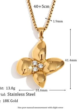 欧美时尚小众设计爆款项坠不锈钢镀18k金花瓣吊坠方珍珠链项链女