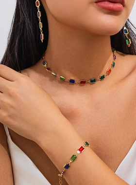 欧美饰品 时色水晶镶钻吊坠项链 高级感手工串珠锁骨链