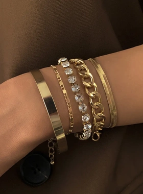 欧美复古潮流蛇骨链条镶钻手链女 嘻哈朋克风金属光面手镯