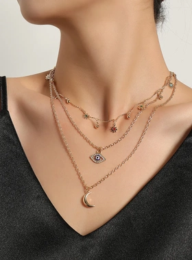 欧美饰品 弯管满钻眼睛月牙吊坠项链女 热卖潮款花朵个性项饰