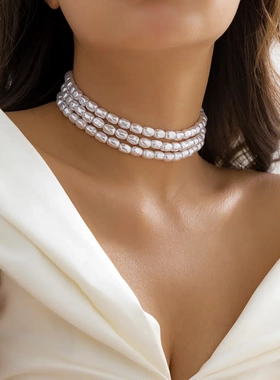 欧美饰品 简约法式仿珍珠锁骨链项饰 甜酷风小众爱心吊坠项链