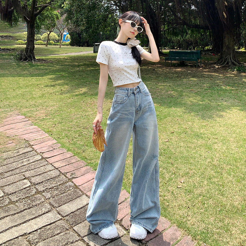 浅色高腰阔腿牛仔裤女2024夏季新款宽松垂感美式高街破洞直筒