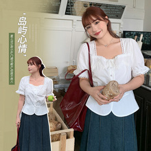 夏季新款露锁骨方领上衣女胖mm大码白色泡泡袖短款显瘦衬衫