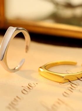 榕树下s925银欧美简约光面戒指女个性小众几何基础款开口食指环潮