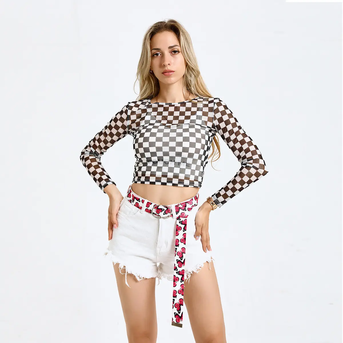 春夏季新款欧美女休闲牛仔裤d扣印花织带