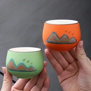 手绘远山罗汉杯品茗杯复古陶瓷茶杯功夫茶具单杯主人杯喝茶碗