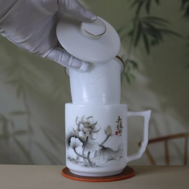 和气生财杯闷茶杯冰种玉瓷三件杯高级羊脂玉陶瓷内胆手工金边