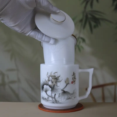 和气生财杯闷茶杯冰种玉瓷三件杯高级羊脂玉陶瓷内胆手工金边