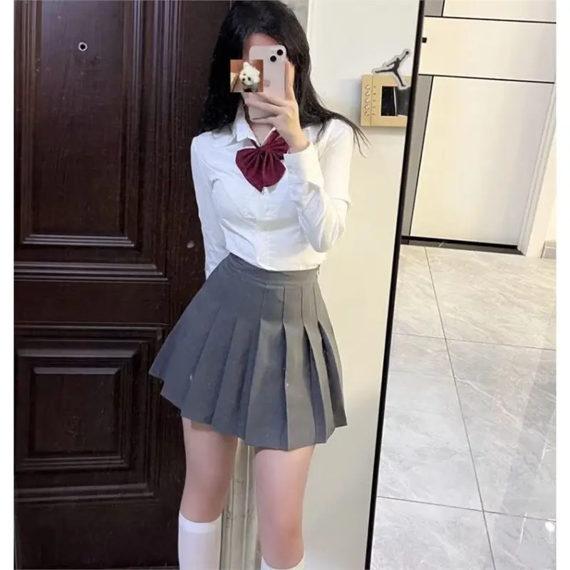 辣妹风纯欲收腰衬衫女秋学院风百搭白色衬衣制服套装jk裙