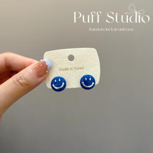 多巴胺蓝色笑脸耳钉女2026新爆款气质时尚耳环轻奢小众高级感耳饰