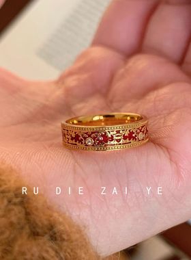 复古红色珐琅滴釉花纹戒指女